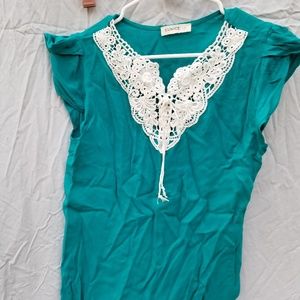 Teal green top with woven lace collar